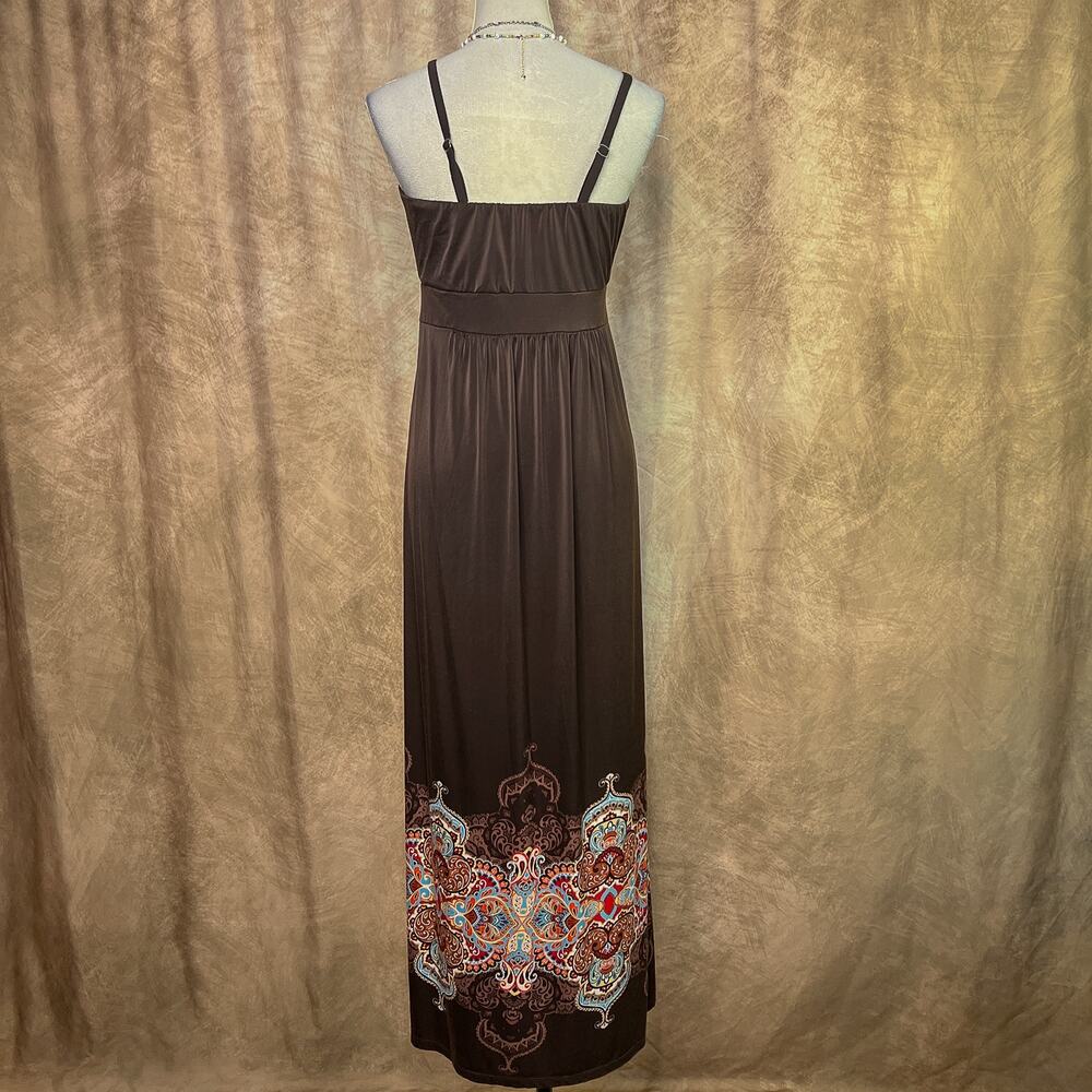 Y2K Boho Maxi Dress Paisley Brown Multicolor Sleeveless Empire Waist Summer - Picture 2 of 10